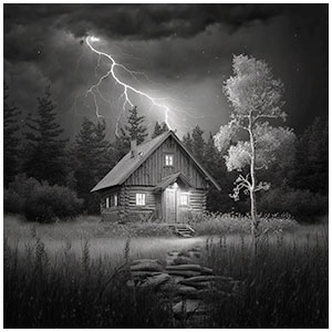 SerJi thunderstorm a small house forest black and white c2